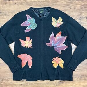 Sharif Small Black Zipper Cardigan Sweater Leather Fall Leaves Ramie Festive Art